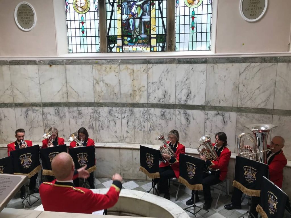 Burbage Brass Band play at the official re-opening of The Pump Room in Buxton, Derbyshire.